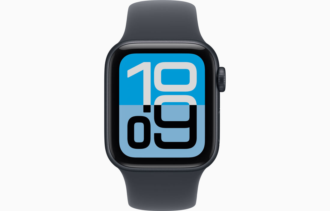 Apple Watch SE 3 midnight, front view with digital 10:09 blue watch face