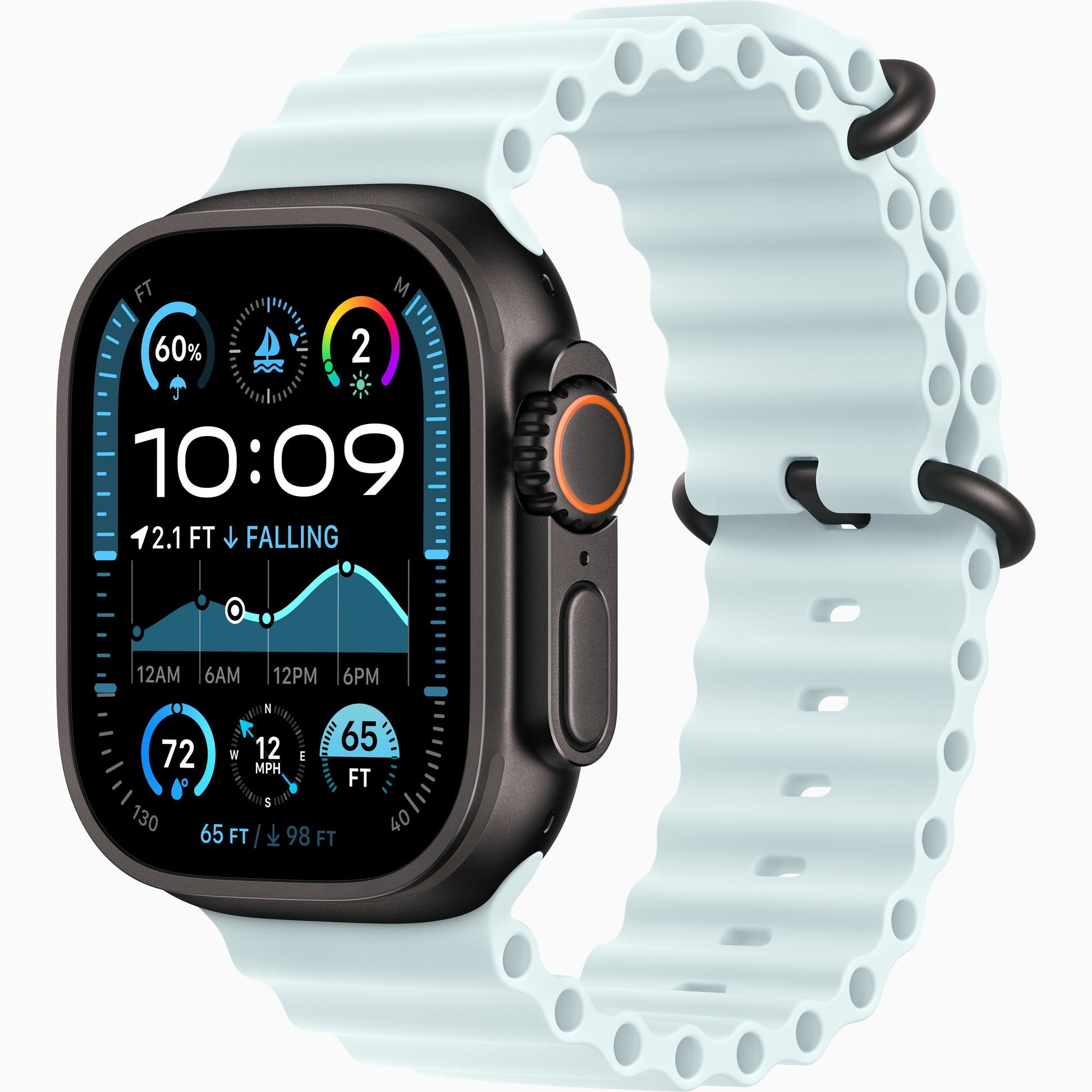 Apple Watch Ultra 2 with ice-blue Ocean Band, dark case, side and face view