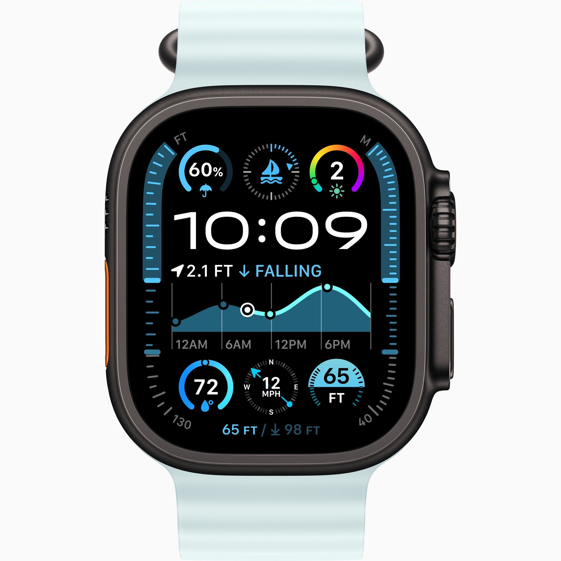 Apple Watch Ultra 2 with ice-blue Ocean Band, dark case, front watch face