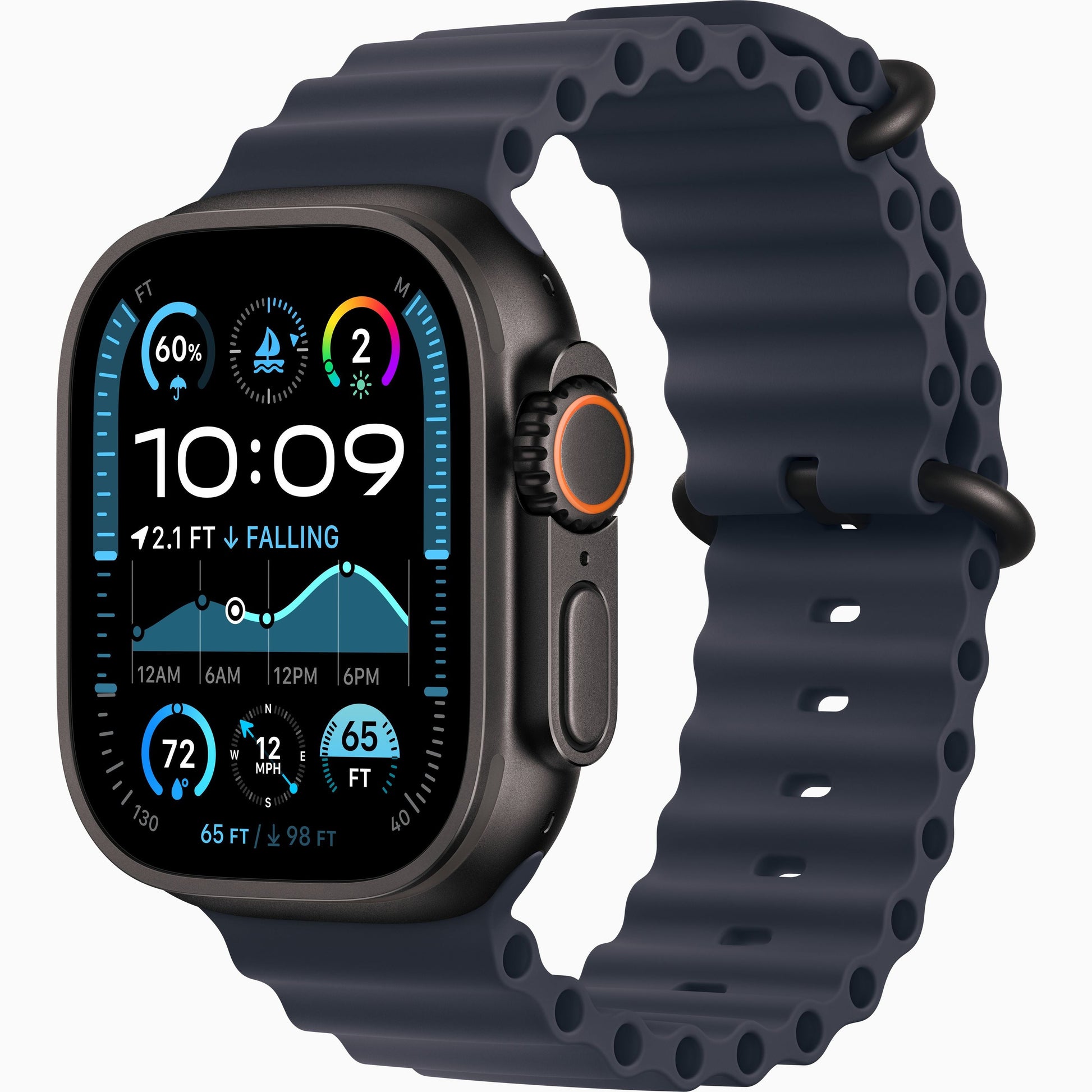Apple Watch Ultra 2 with black Ocean Band, dark case, side and face view