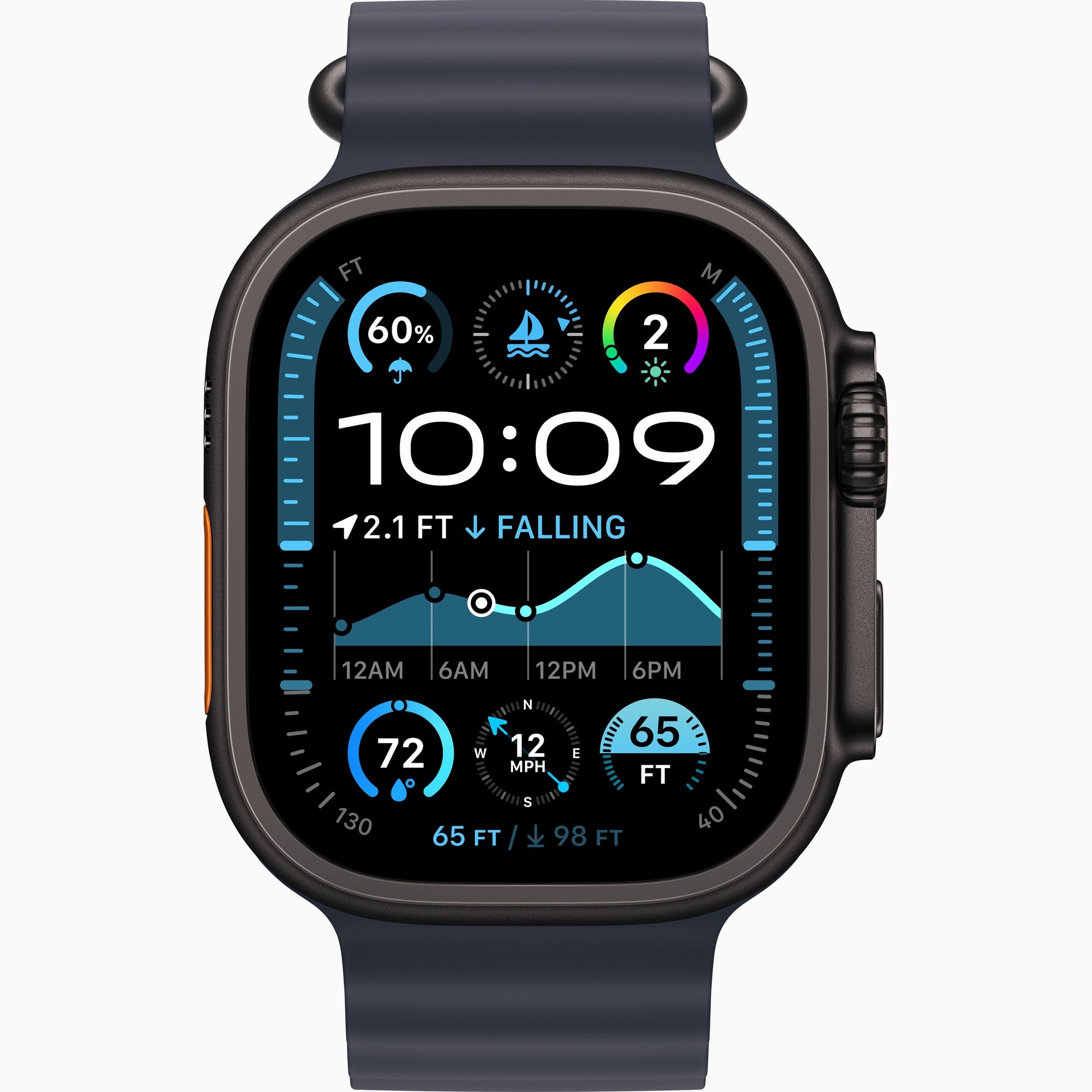 Apple Watch Ultra 2 with navy Ocean Band, dark case, front watch face