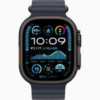 Apple Watch Ultra 2 with navy Ocean Band, dark case, front watch face