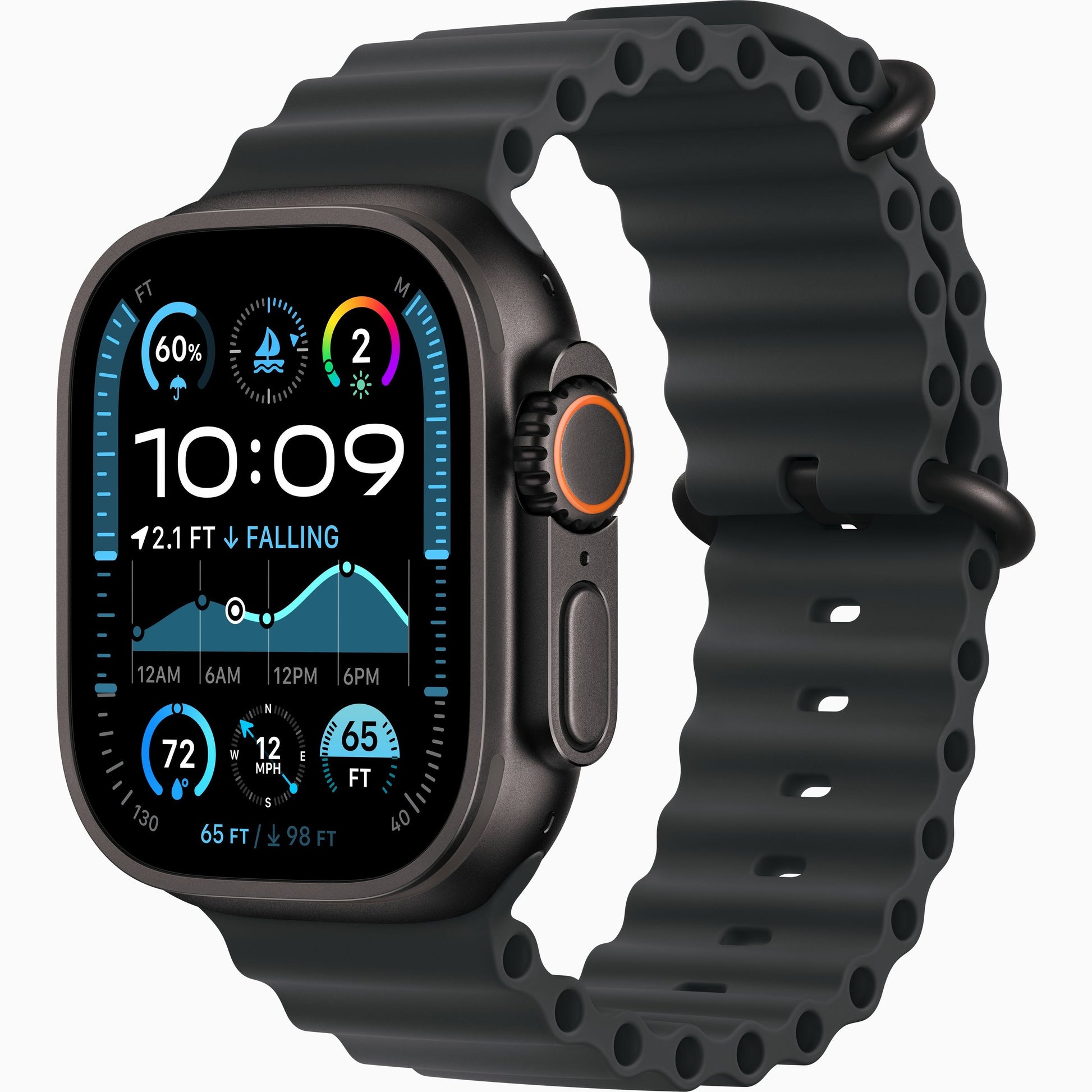 Apple Watch Ultra 2 with black Ocean Band, dark case, side button and face view