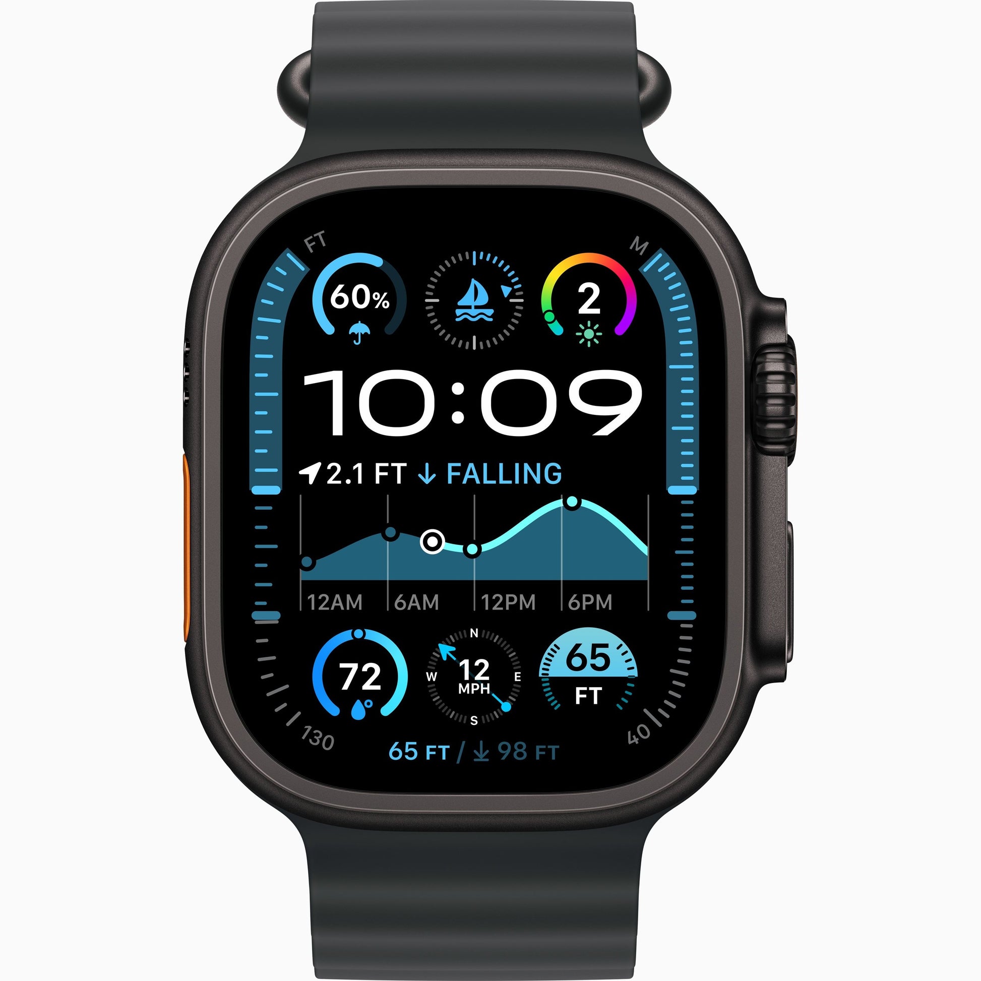 Apple Watch Ultra 2 2024 with dark case and black silicone-style band