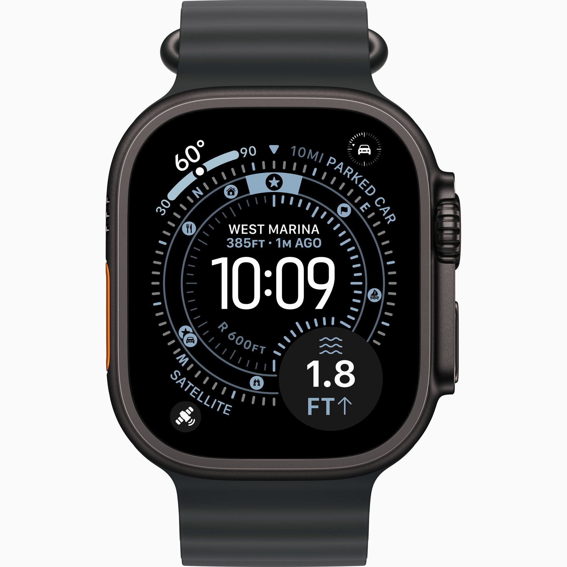 Apple Watch Ultra 3 with dark case and blue silicone band, front view