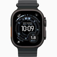 Apple Watch Ultra 3 with dark case and blue silicone band, front view