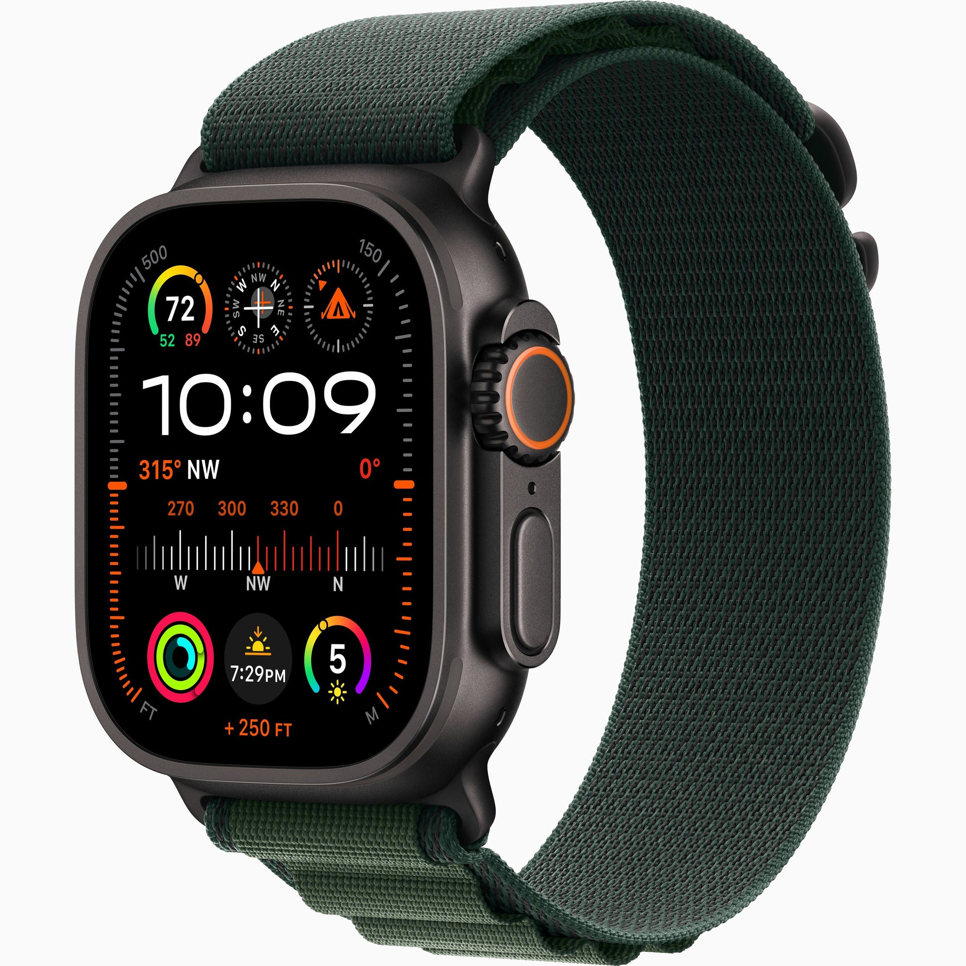 Apple Watch Ultra 2 with dark green Trail Loop band, dark case, side button view