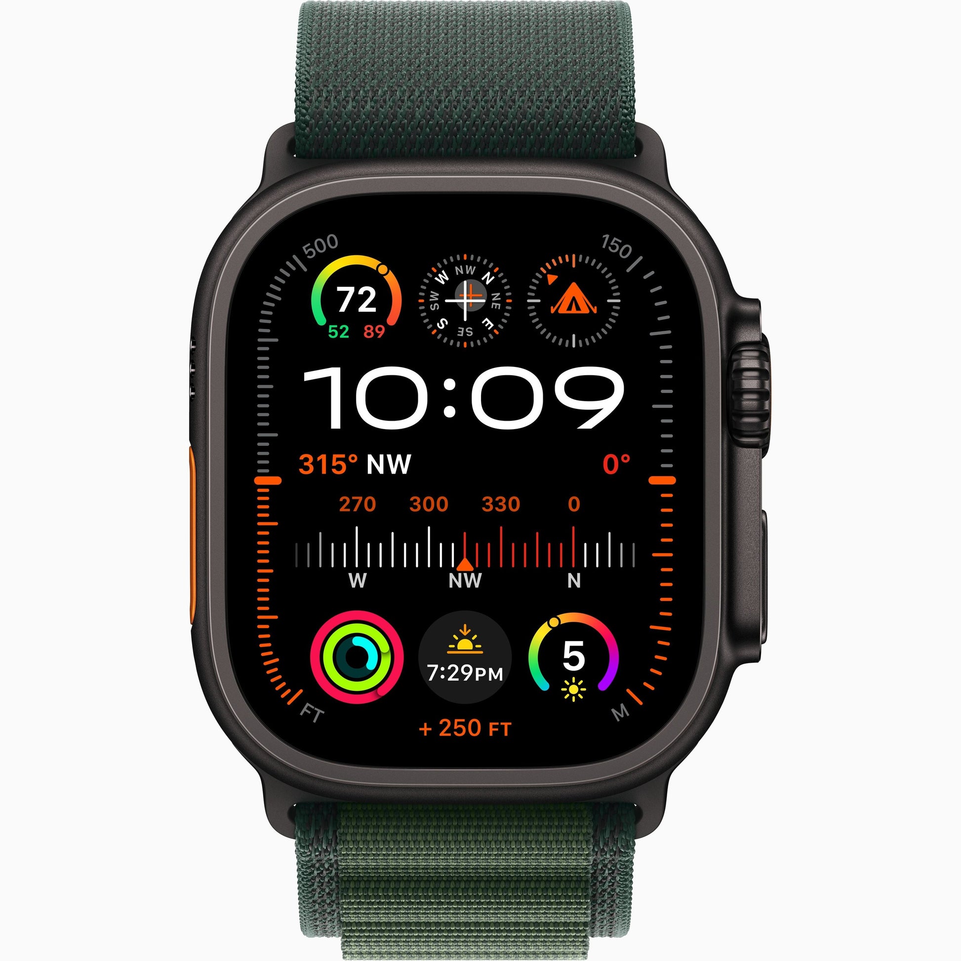 Apple Watch Ultra 2 with dark green Alpine Loop band, dark case, digital watch face display