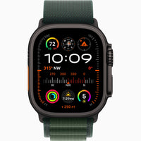 Apple Watch Ultra 2 with dark green Alpine Loop band, dark case, digital watch face display