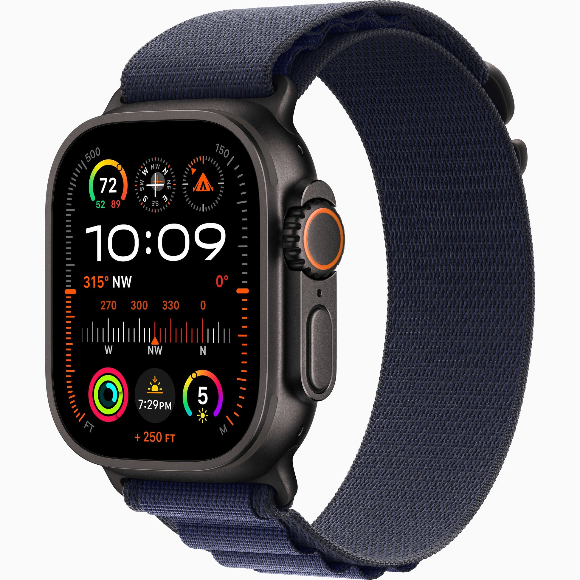 Apple Watch Ultra 2 with blue Trail Loop band, dark case, side button view