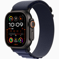 Apple Watch Ultra 2 with blue Trail Loop band, dark case, side button view