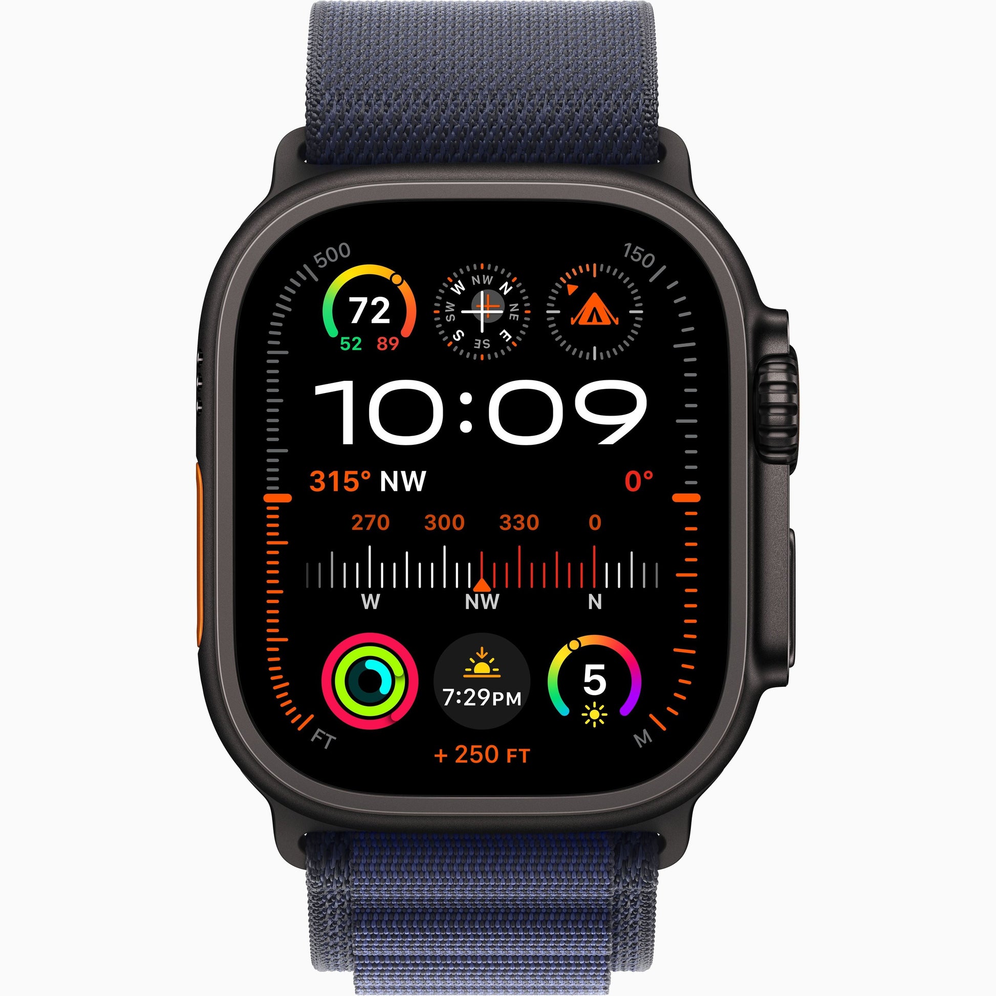 Apple Watch Ultra 2 with navy Alpine Loop band, dark case, digital watch face display