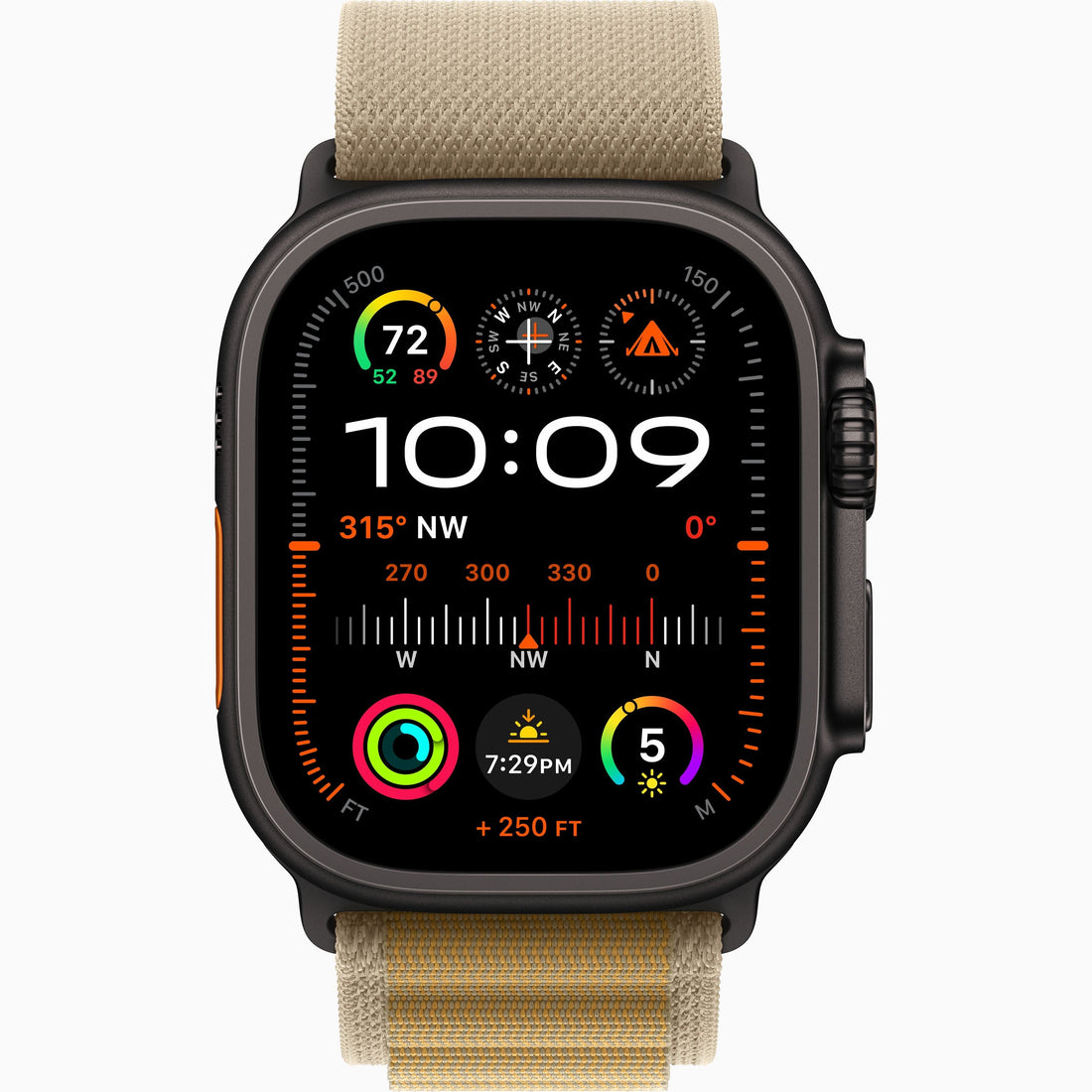Apple Watch Ultra 2 with tan Alpine Loop band, dark case, digital watch face display