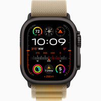 Apple Watch Ultra 2 with tan Alpine Loop band, dark case, digital watch face display