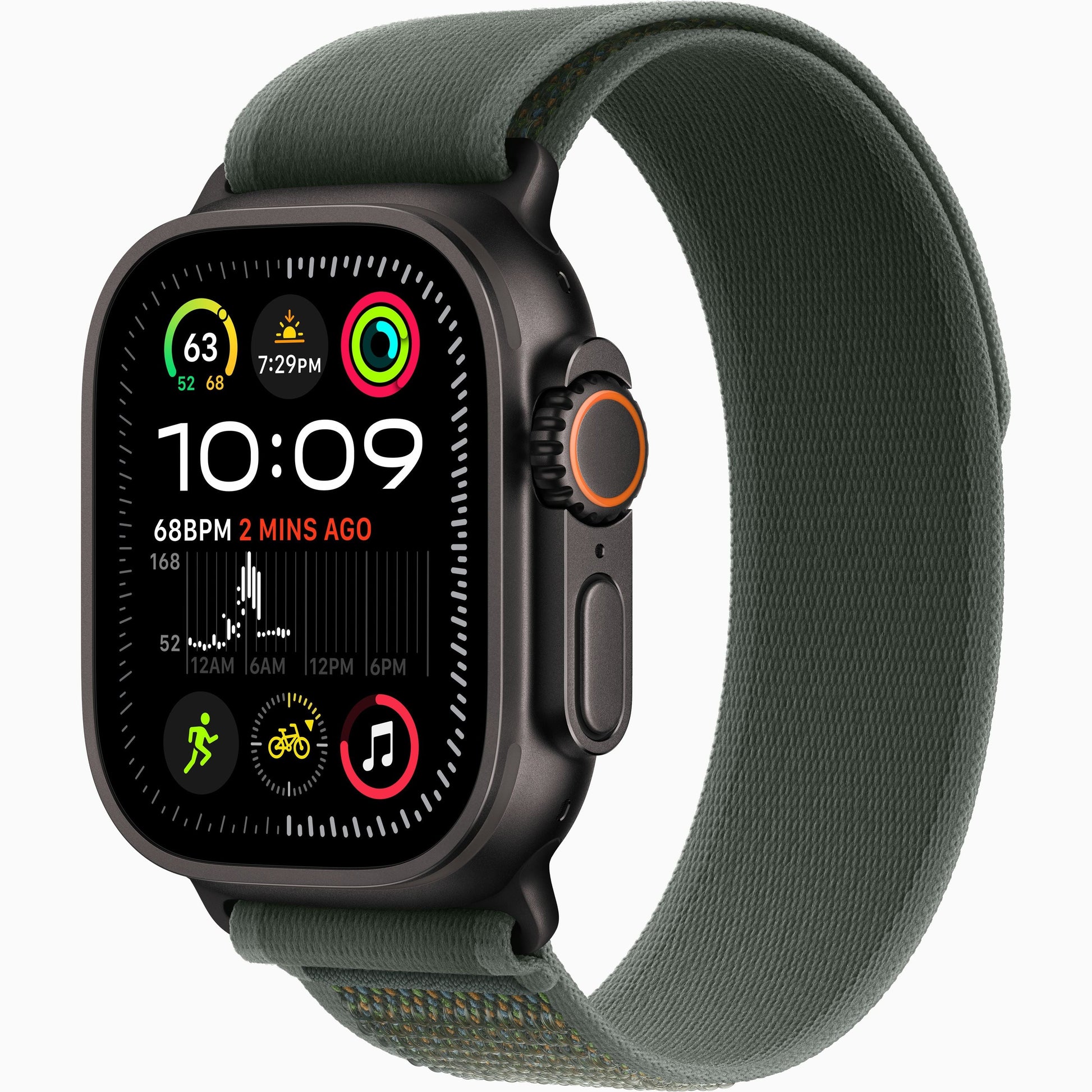 Apple Watch Ultra 2 2024 with dark case and dark green fabric strap