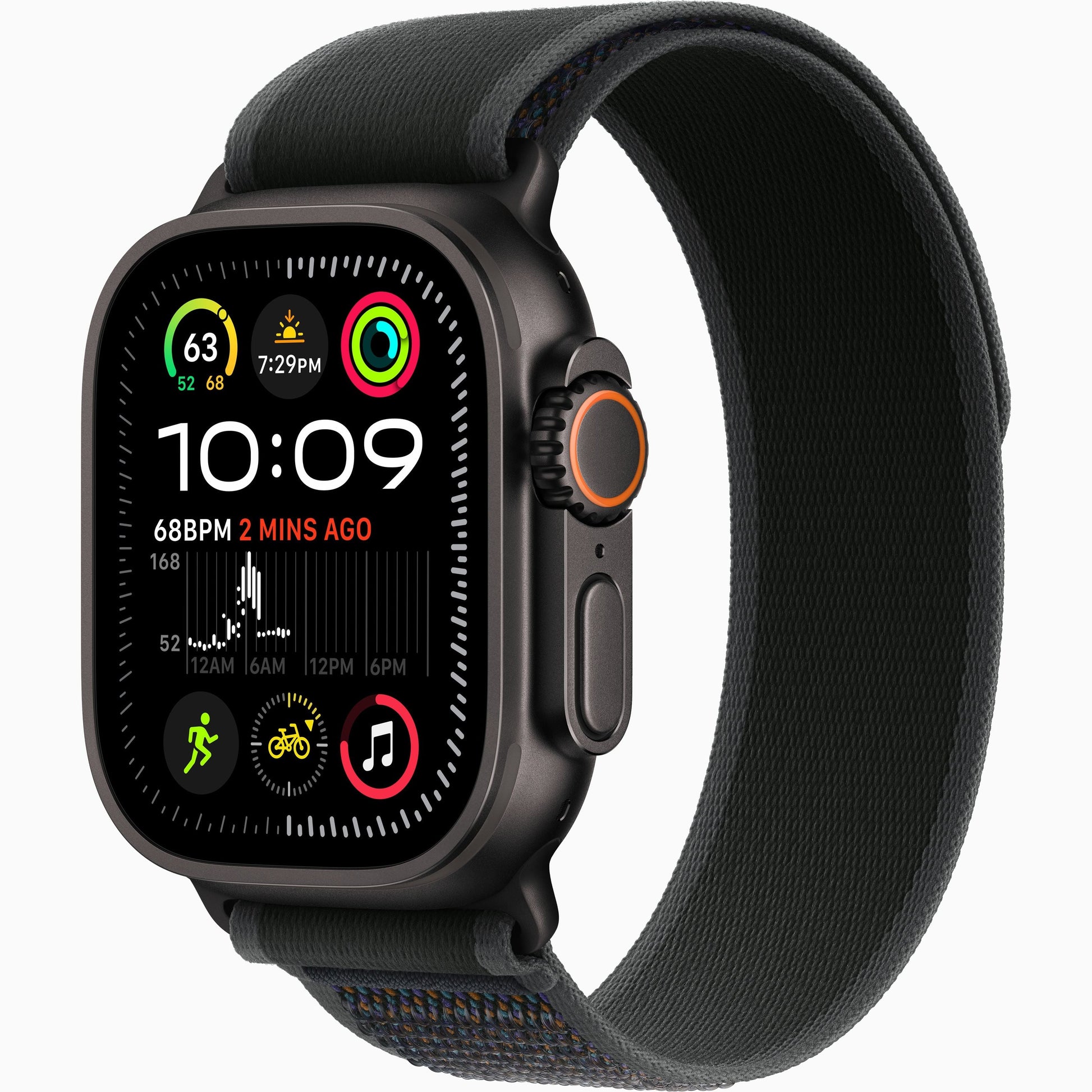 Apple Watch Ultra 2 2024 with dark case and deep navy textured strap