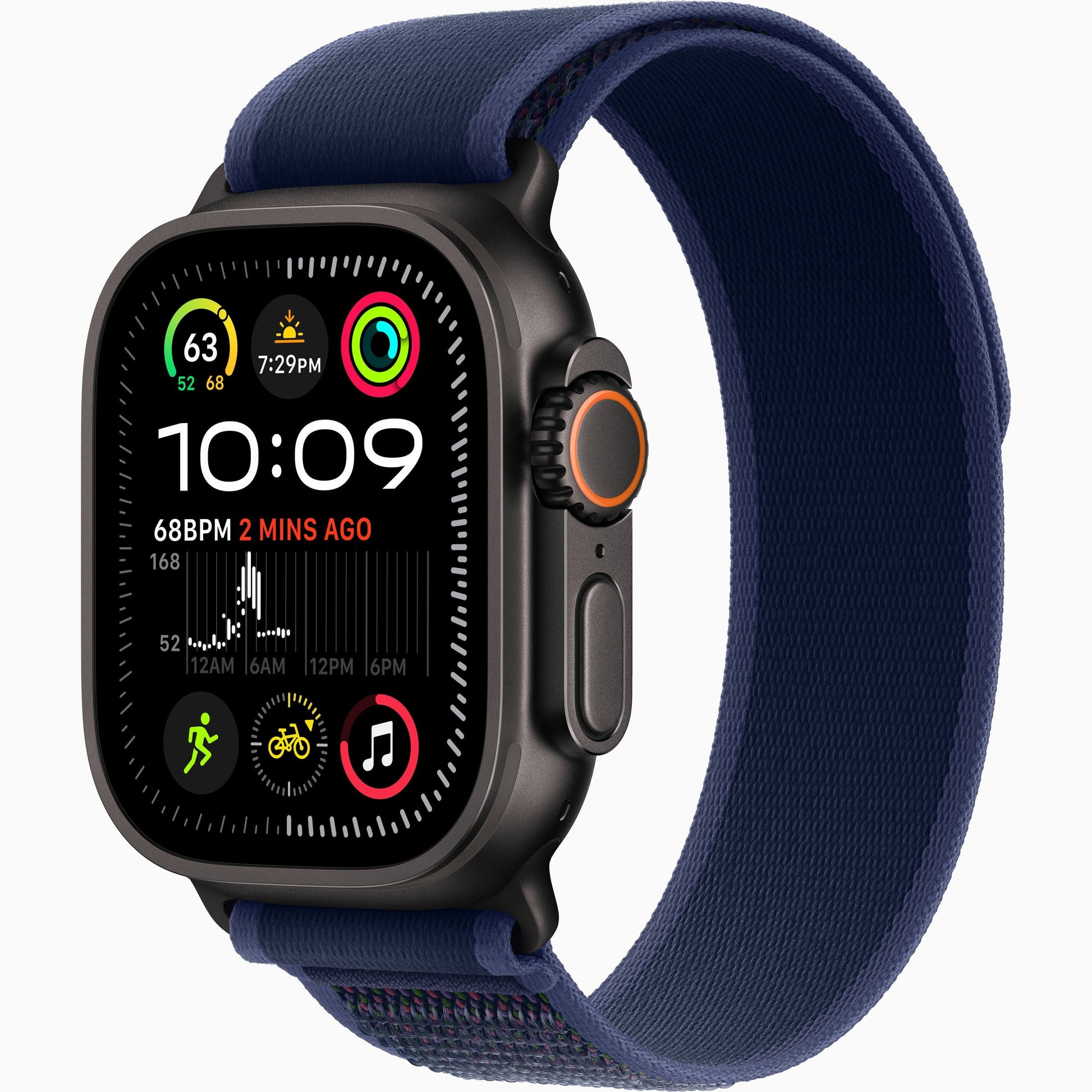Apple Watch Ultra 2 2024 with dark case and navy fabric strap