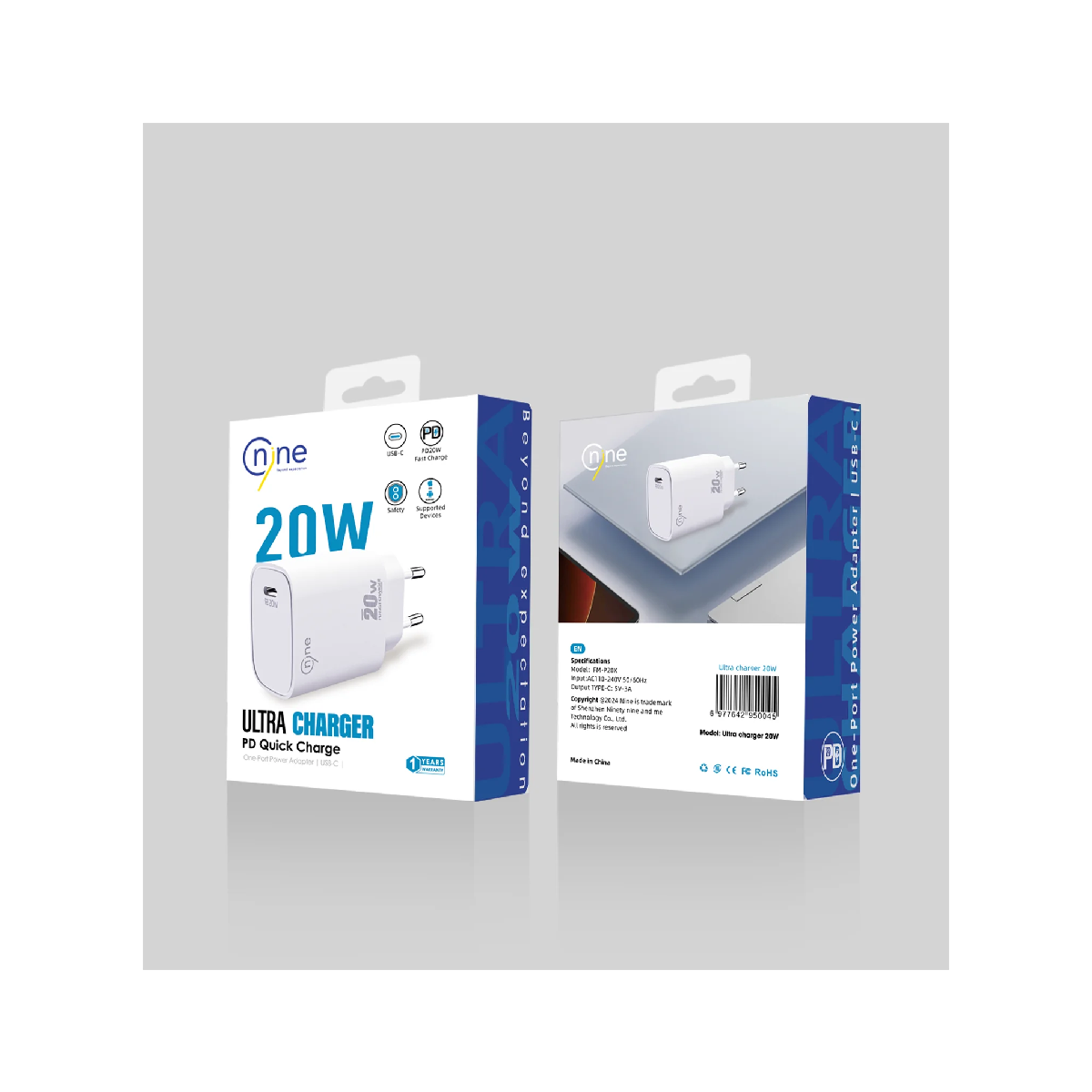 White 20W PD quick charger wall adapter on product box, two-prong plug