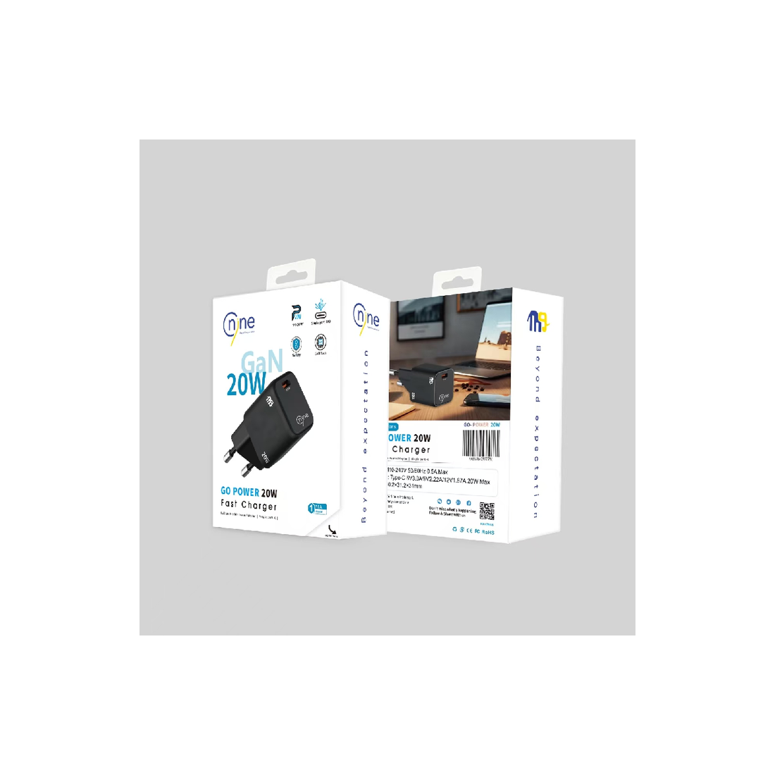 20W GaN fast charger retail box, black adapter shown
