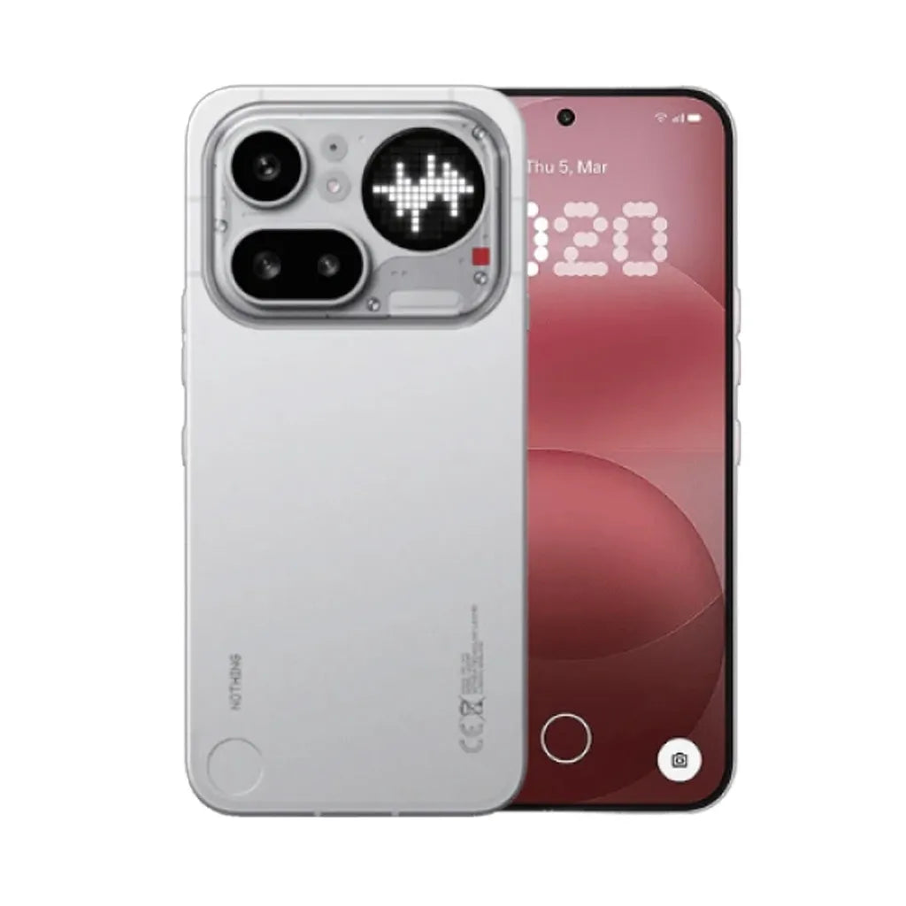 Nothing Phone 4a Pro 5G in silver/white, dual rear cameras with illuminated Glyph