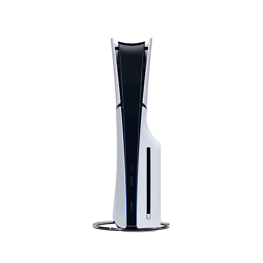 PlayStation 5 Slim console standing, front ports visible, on base