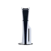 PlayStation 5 Slim console standing, front ports visible, on base