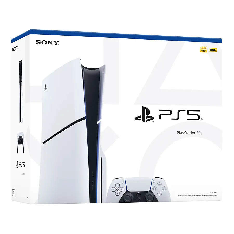 PlayStation 5 Slim console retail box with console and DualSense controllers shown