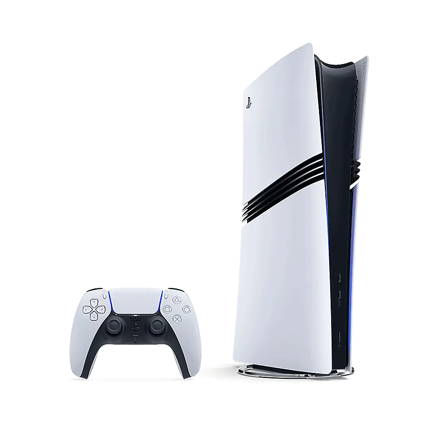 Sony PlayStation 5 Pro console with white DualSense controller, standing upright