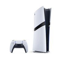 Sony PlayStation 5 Pro console with white DualSense controller, standing upright