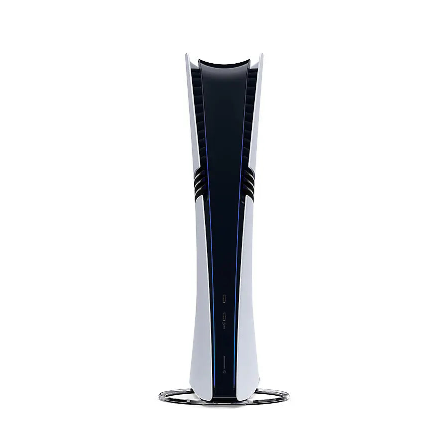Sony PlayStation 5 Pro console, front view with circular stand