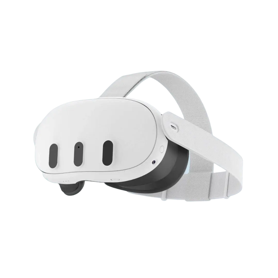 Meta Quest 3 mixed reality VR headset and controllers, white with black eye lenses
