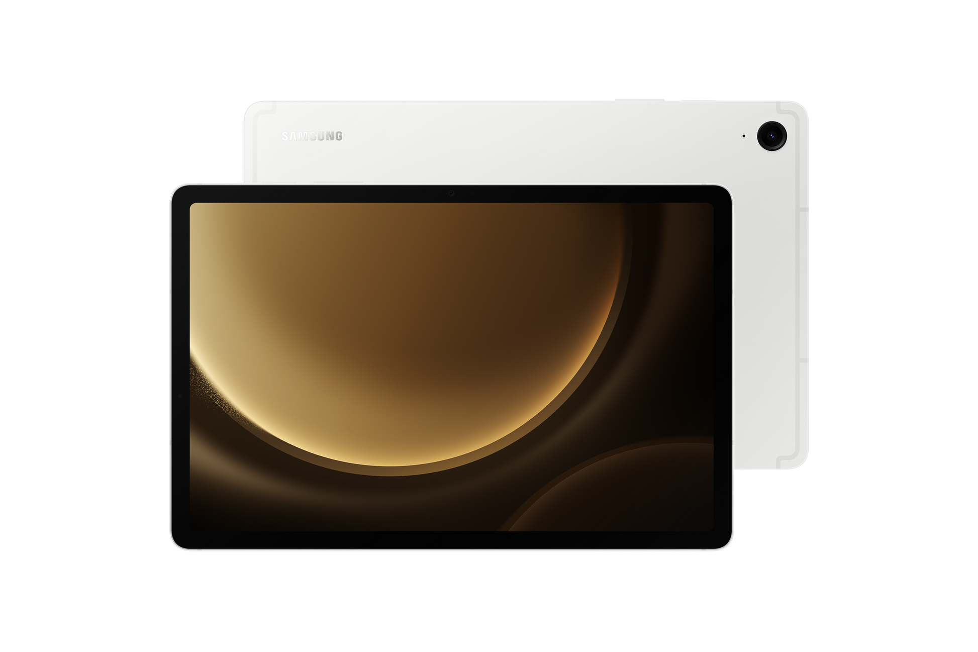 Tab S9 FE front and back in silver finish, dual-camera on rear