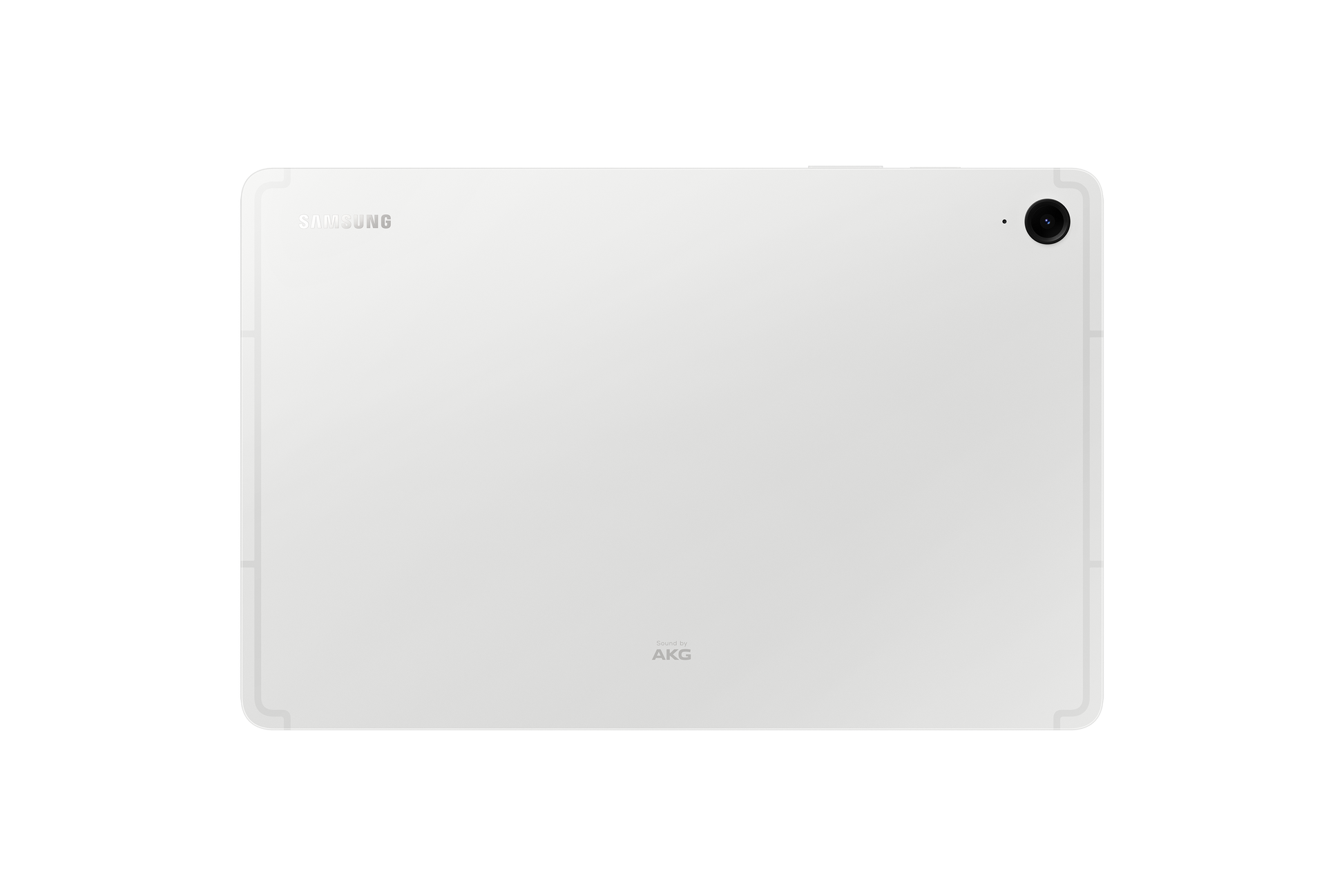 Tab S9 FE rear view in silver with camera and AKG speaker marks