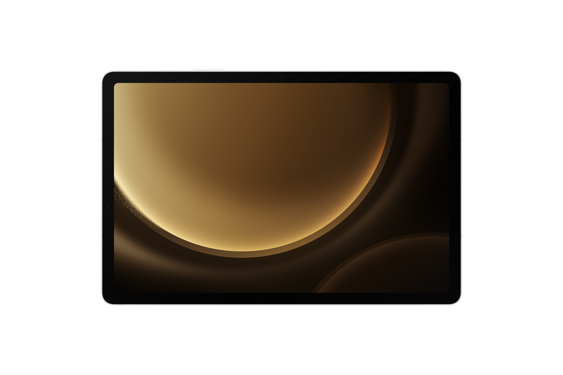 Tab S9 FE front view in silver with warm golden screen wallpaper