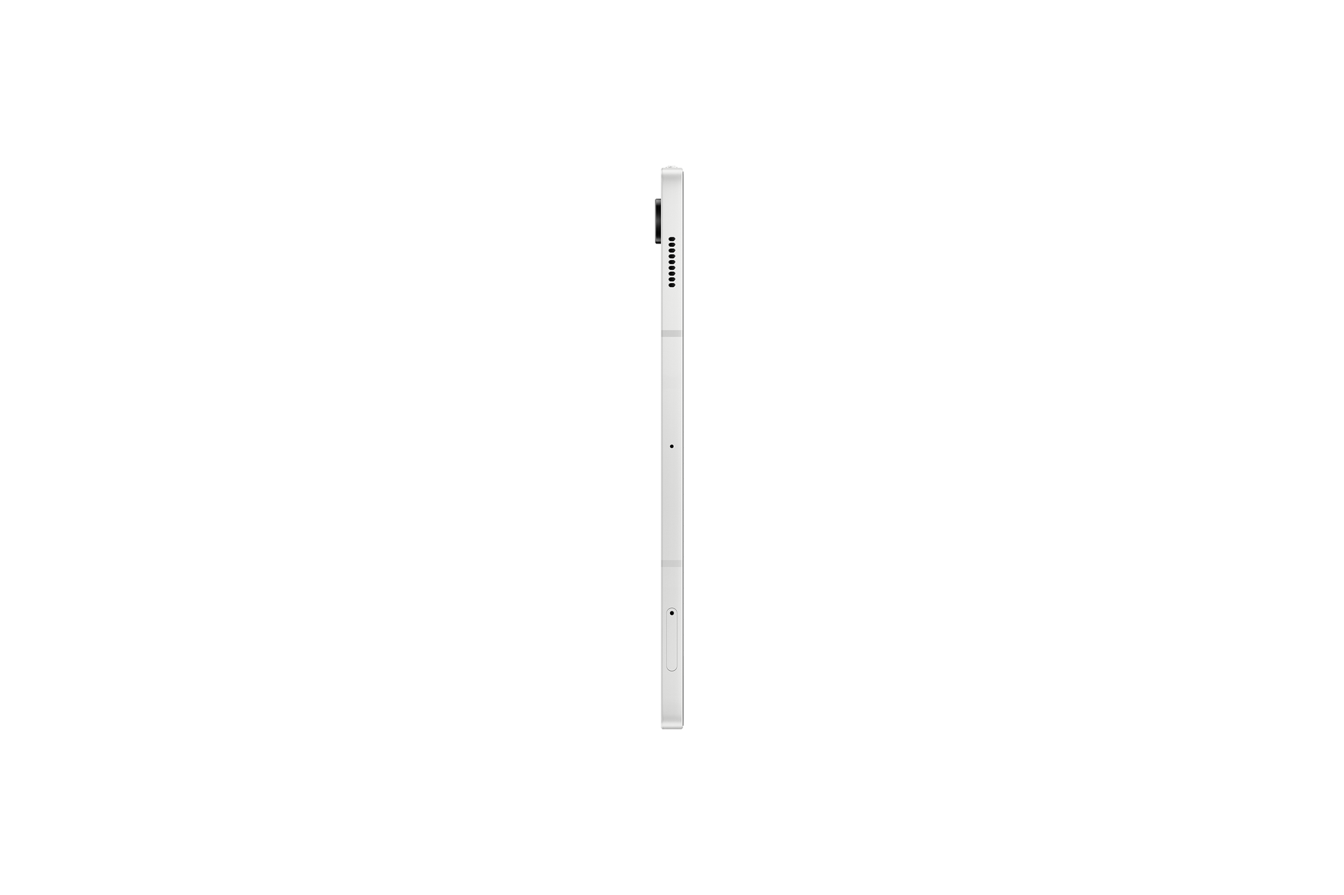Tab S9 FE side view in silver, slim edge and port openings