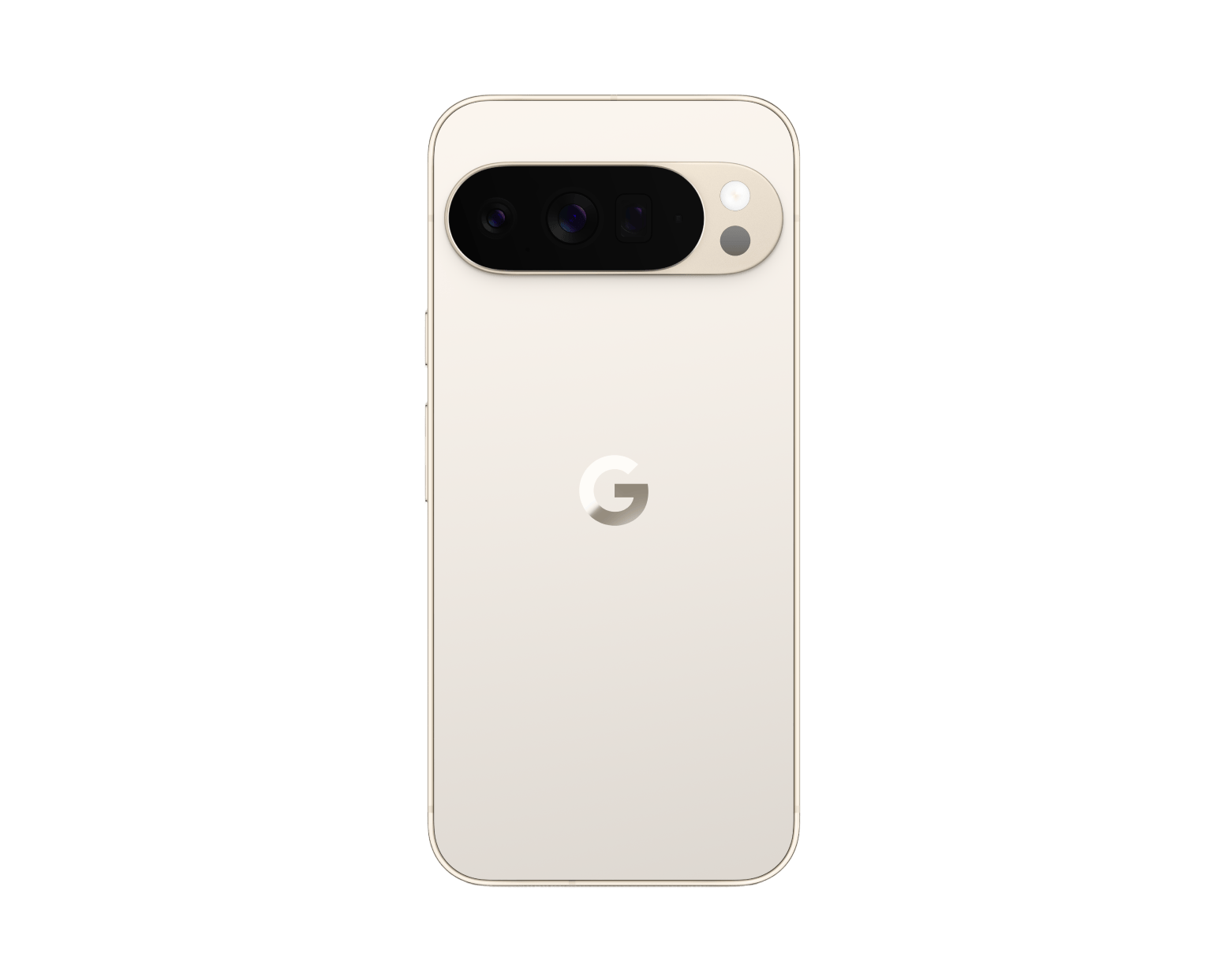 White smartphone back with dual camera bar and G logo.