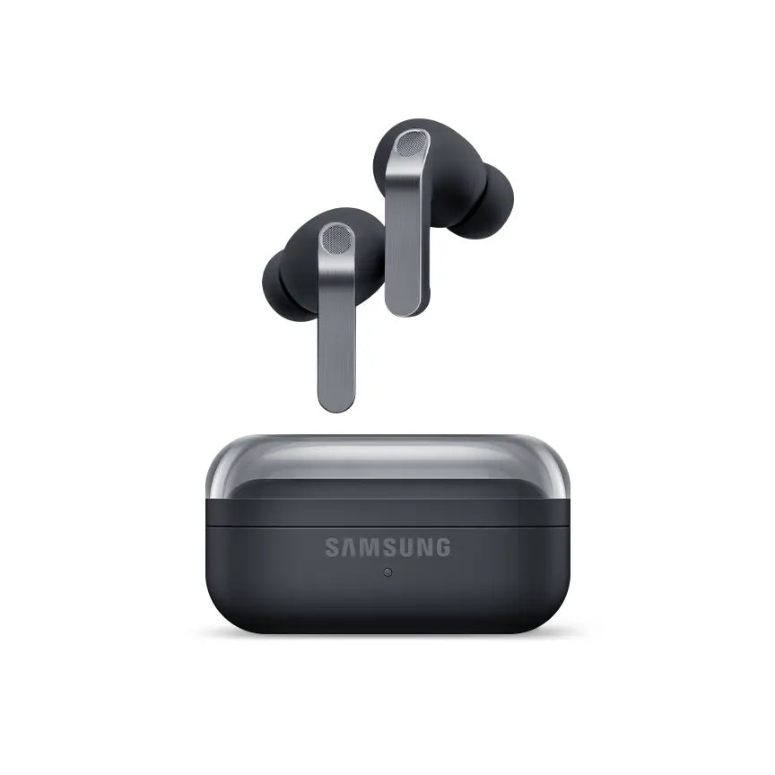 Samsung in-ear wireless earbuds with charging case, black, open view