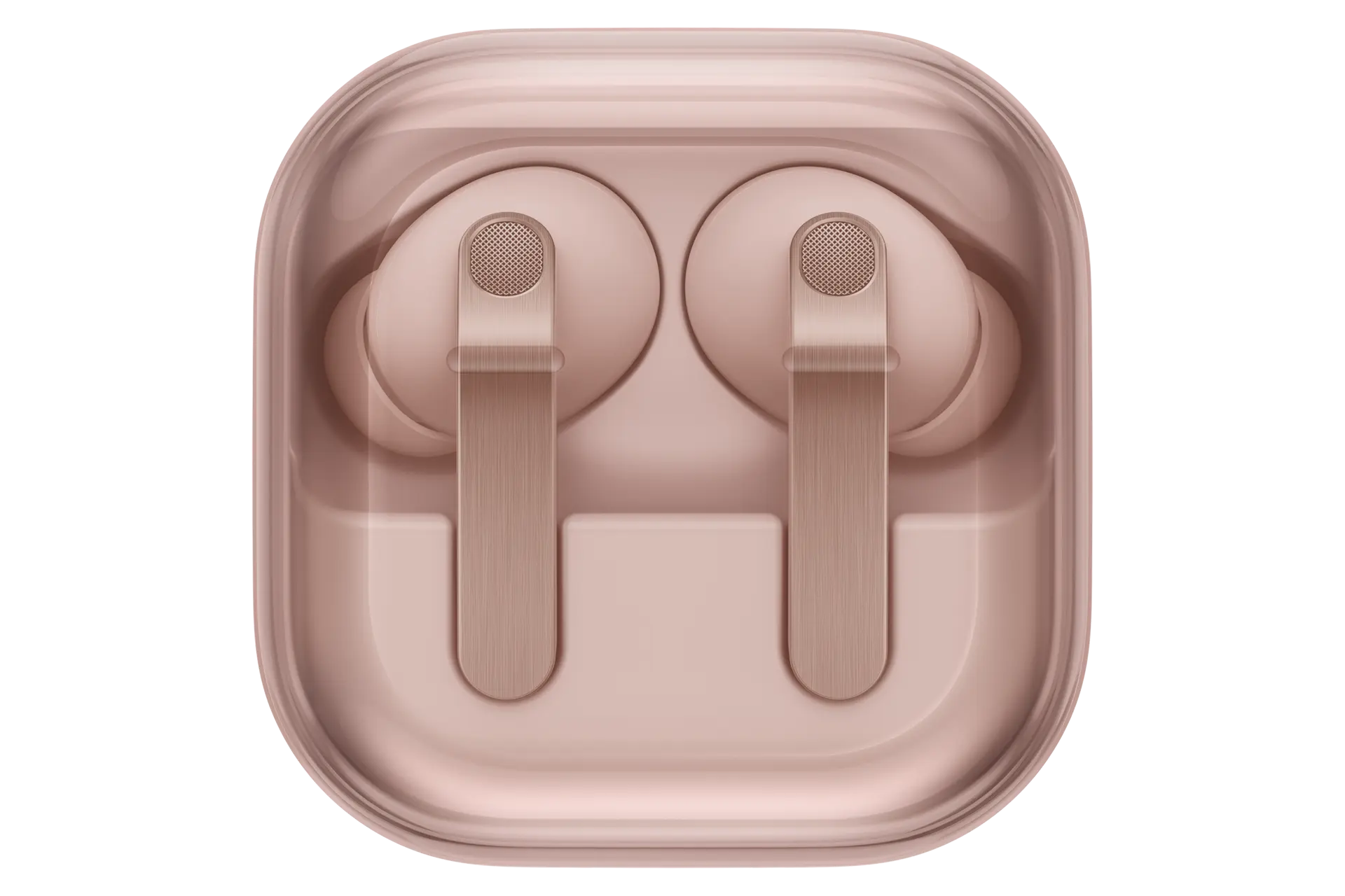 Pink wireless earbuds in charging case, front view with two earbud microphones
