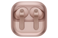 Pink wireless earbuds in charging case, front view with two earbud microphones