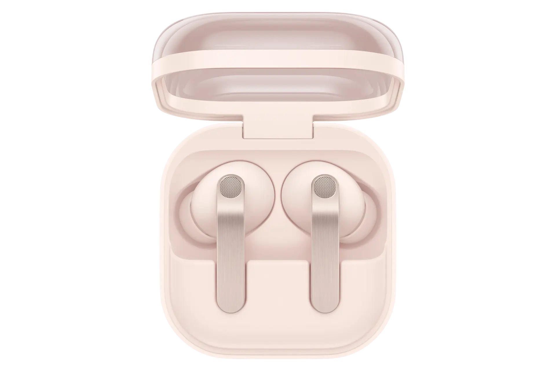 White wireless earbuds with charging case open, showing earbuds and top cover
