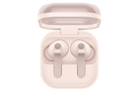 White wireless earbuds with charging case open, showing earbuds and top cover