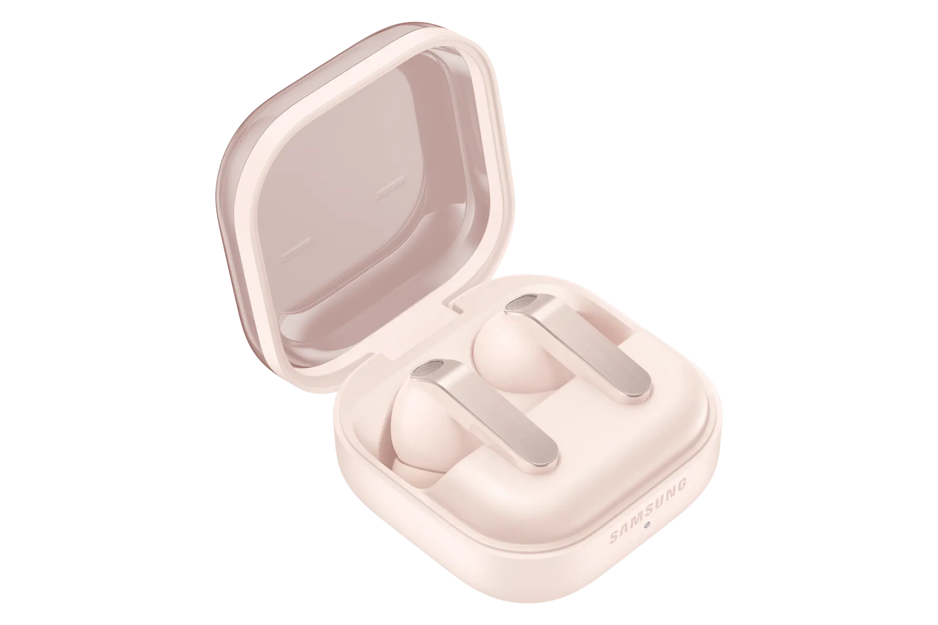 White wireless earbuds partially out of charging case, angled side view