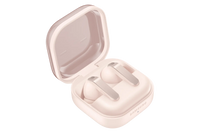 White wireless earbuds partially out of charging case, angled side view