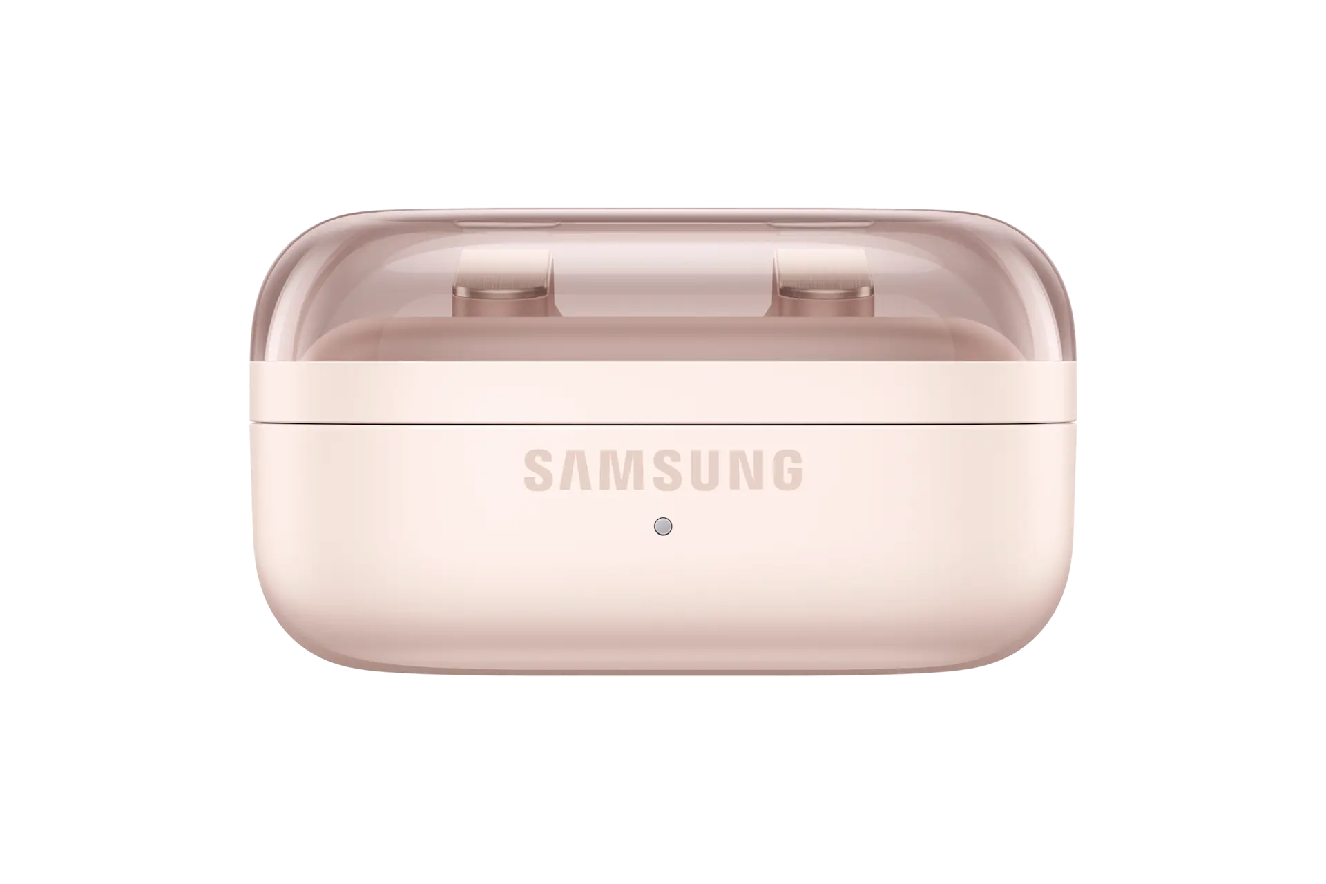 Pink wireless charging case with Samsung logo, closed