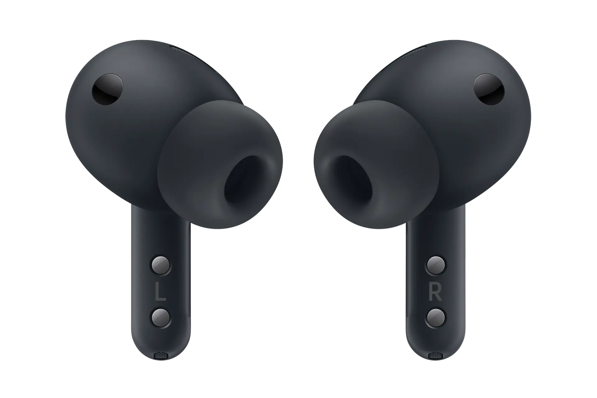 Samsung in-ear wireless earbuds, black, ear tips and stems close-up