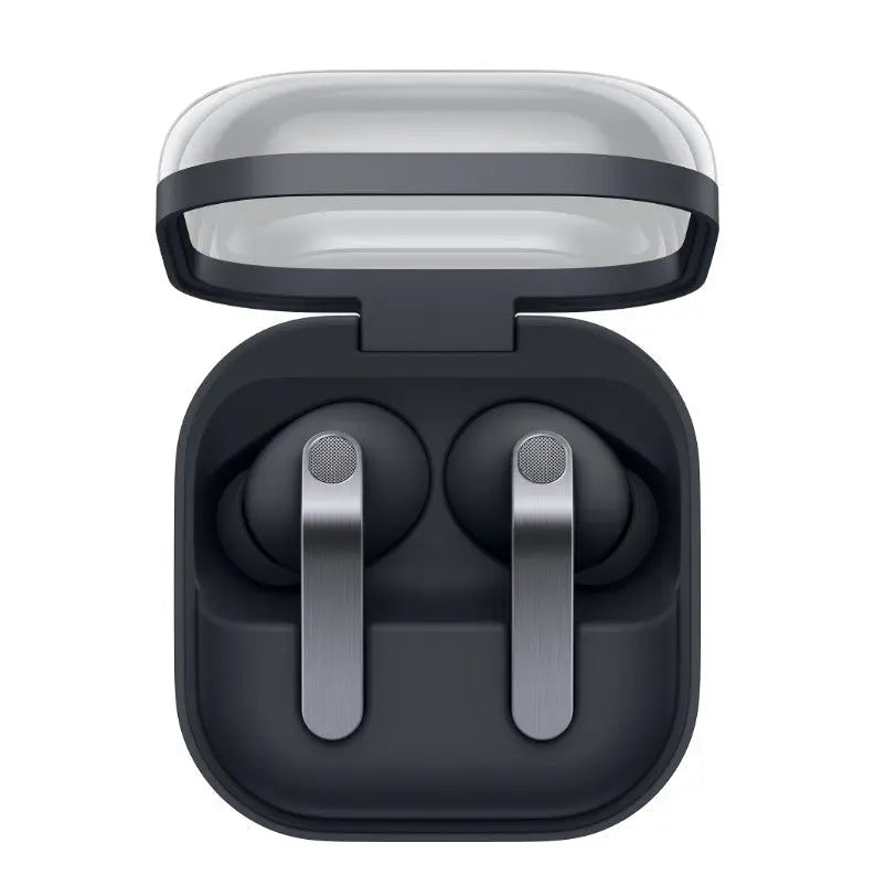 Samsung in-ear wireless earbuds in charging case, black, front view