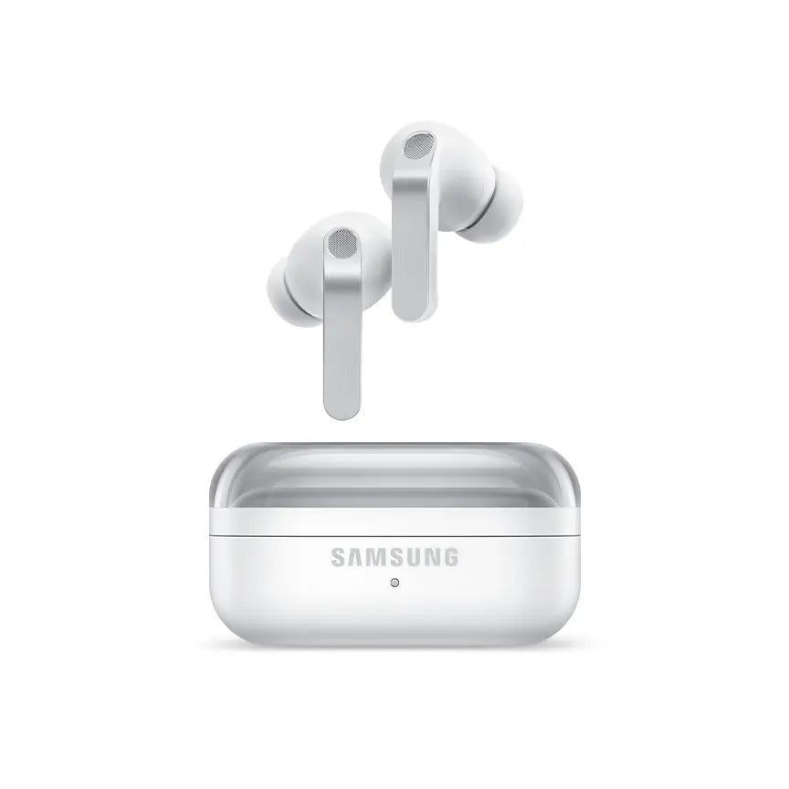 Samsung in-ear wireless earbuds with charging case, white, open view