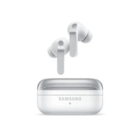 Samsung in-ear wireless earbuds with charging case, white, open view