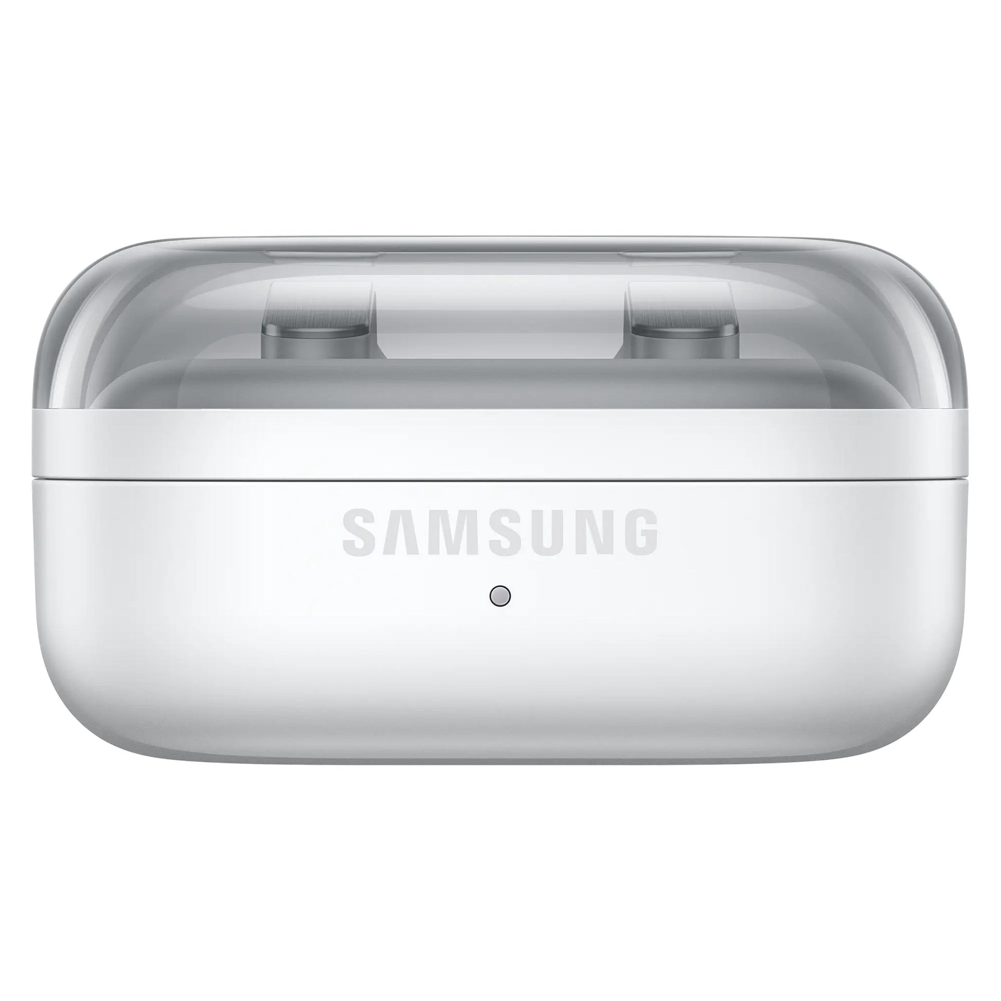 Samsung Galaxy Buds 4 Pro wireless charging case, front view with earbuds holders