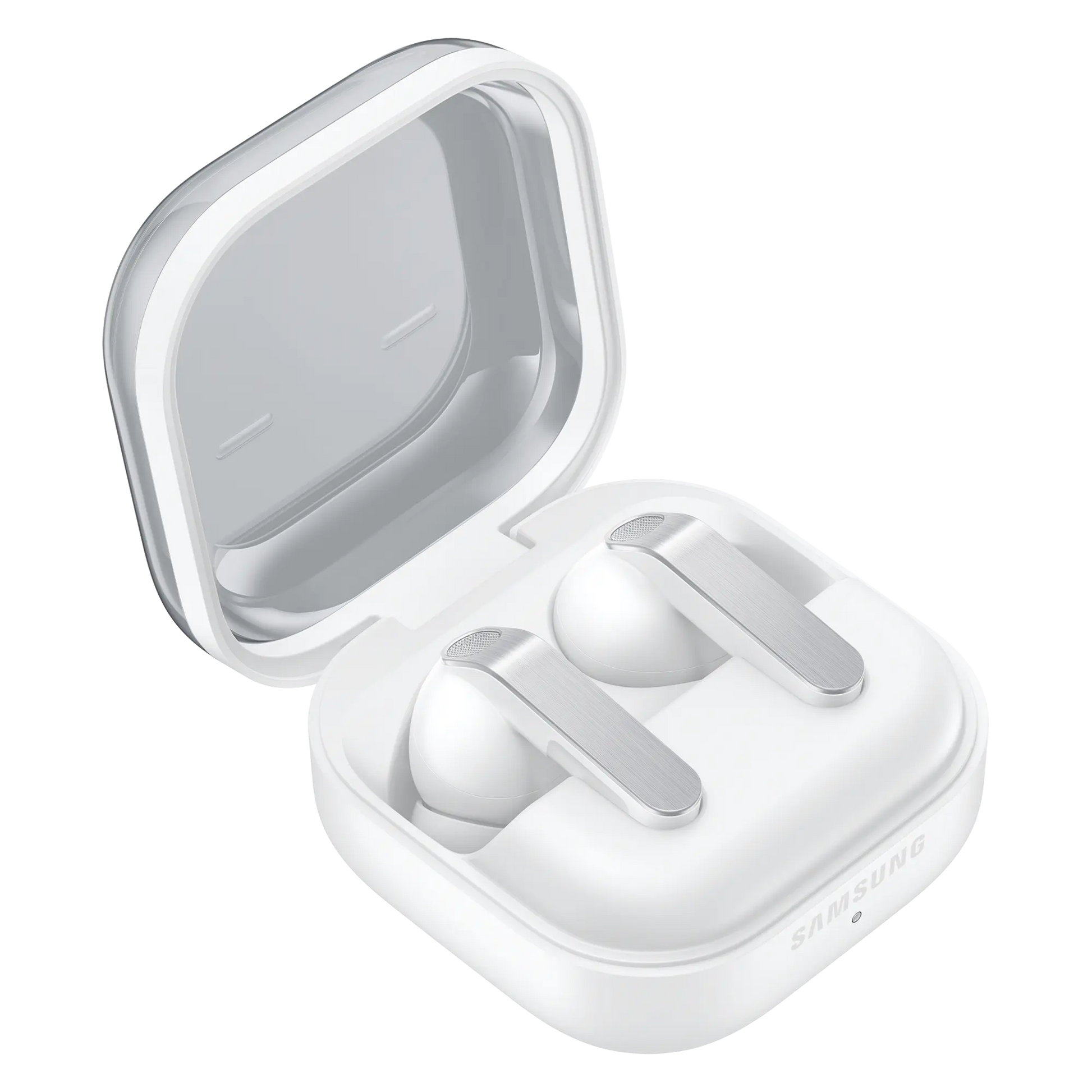 Samsung Galaxy Buds 4 Pro wireless charging case open with white earbuds